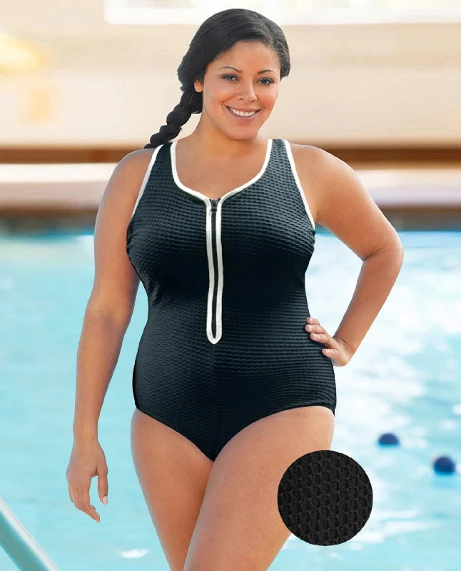 CHLORINE RESISTANT AQUAMORE COLOR BLOCK TEXTURED ZIPPER SWEETHEART NECK PLUS SIZE SWIMSUIT Sporty Swim Shorts CHLORINE RESISTANT AQUAMORE COLOR BLOCK TEXTURED ZIPPER SWEETHEART NECK PLUS SIZE SWIMSUIT Sporty Swim Shorts