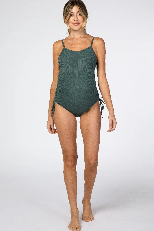 Green Ribbed Side Tie One-Piece Maternity Swimsuit Trendy Swimwear Set