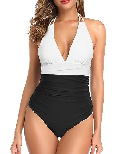 Halter Plunge V-Neck Ruched One Piece Swimsuit Mesh Swimsuit Top