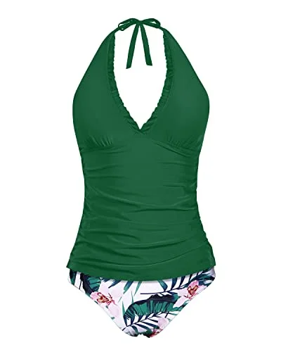 Open Backs Two Piece Tankini Bathing Suits Ruffle V Neck Swimsuits For Women-Green Tropical Floral Tropical Print Bikini Open Backs Two Piece Tankini Bathing Suits Ruffle V Neck Swimsuits For Women-Green Tropical Floral Tropical Print Bikini