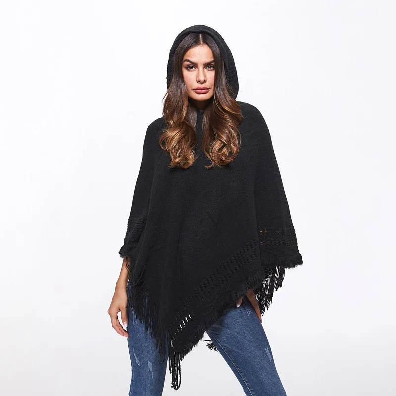 Openwork Fringe Hem Hooded Poncho Hoodie with Mock Neck Collared Structured