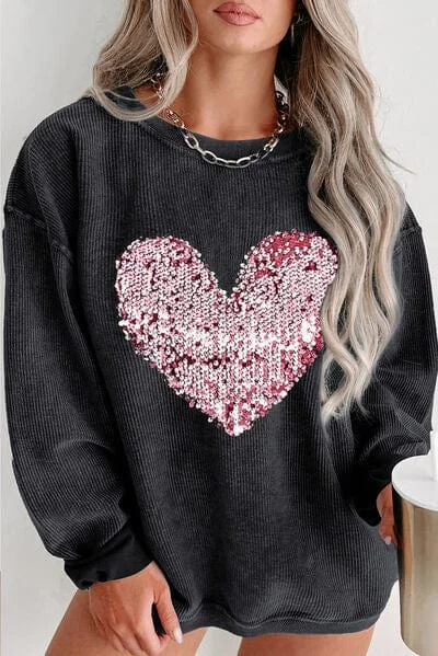 Plus Size Heart Sequin Round Neck Sweatshirt Hoodie with Batwing Sleeves Loose Dramatic