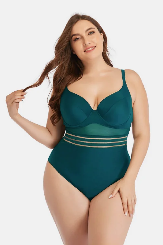 Plus Size Spliced Mesh Tie-Back One-Piece Swimsuit Floral Bikini Top