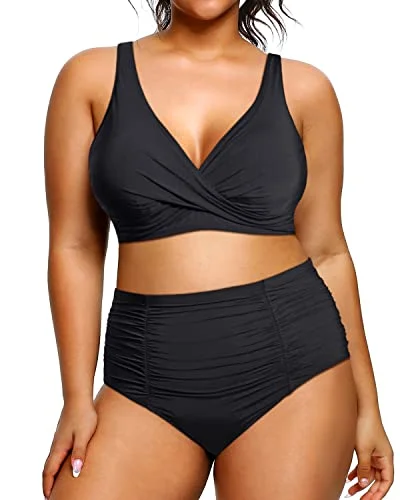 Plus Size High Waist Bikini Tummy Control Bathing Suits Twist Front Swimwear-Black High-Waisted Swim Bottoms Plus Size High Waist Bikini Tummy Control Bathing Suits Twist Front Swimwear-Black High-Waisted Swim Bottoms