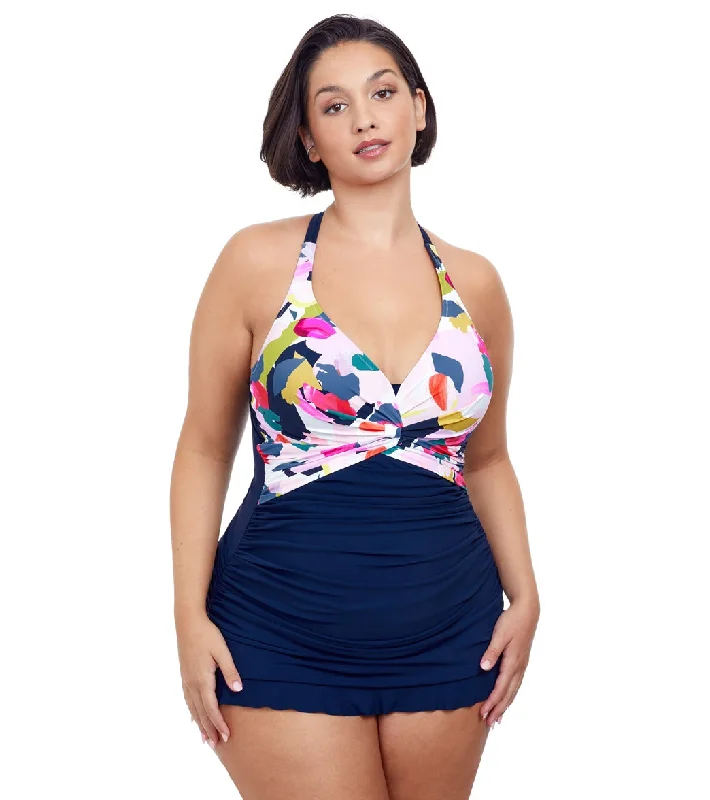 Profile by Gottex Plus Size Canvas Halter Swim Dress Multi Luxury Swimsuit Style