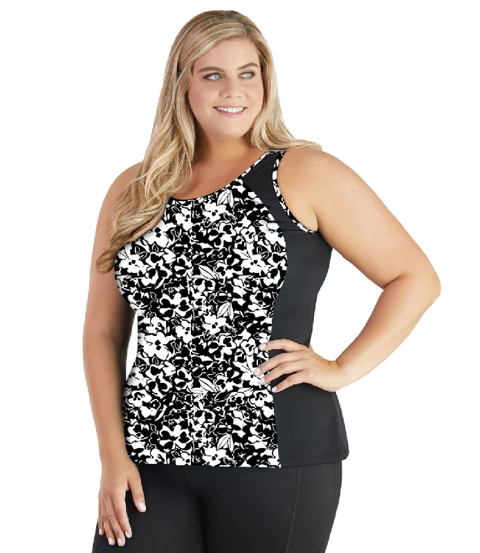 QuikEnergy Tankini Swim Top Hibiscus Black Classic Swimsuit Design