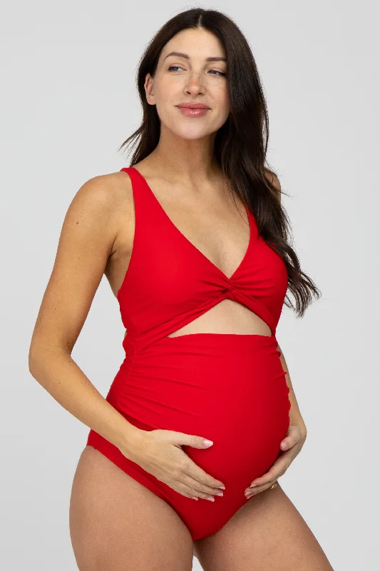 Red Ruched Sides Front Cutout Maternity One Piece Swimsuit Modern High-Waisted Swimsuit Red Ruched Sides Front Cutout Maternity One Piece Swimsuit Modern High-Waisted Swimsuit
