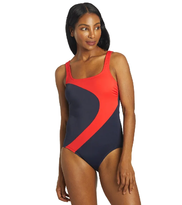 Reebok Women's Classic Colorblock High Neck One Piece Swimsuit Navy Blue Quick-Dry Tankini Reebok Women's Classic Colorblock High Neck One Piece Swimsuit Navy Blue Quick-Dry Tankini