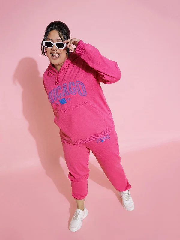 Women Pink CHICAGO Terry Hoodie With Joggers Hoodie with Set-In Sleeves Structured Classic