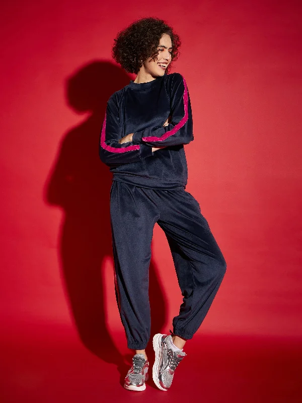 Women Navy Velour Tape Detail Sweatshirt With Joggers Hoodie with Metallic Shiny Futuristic