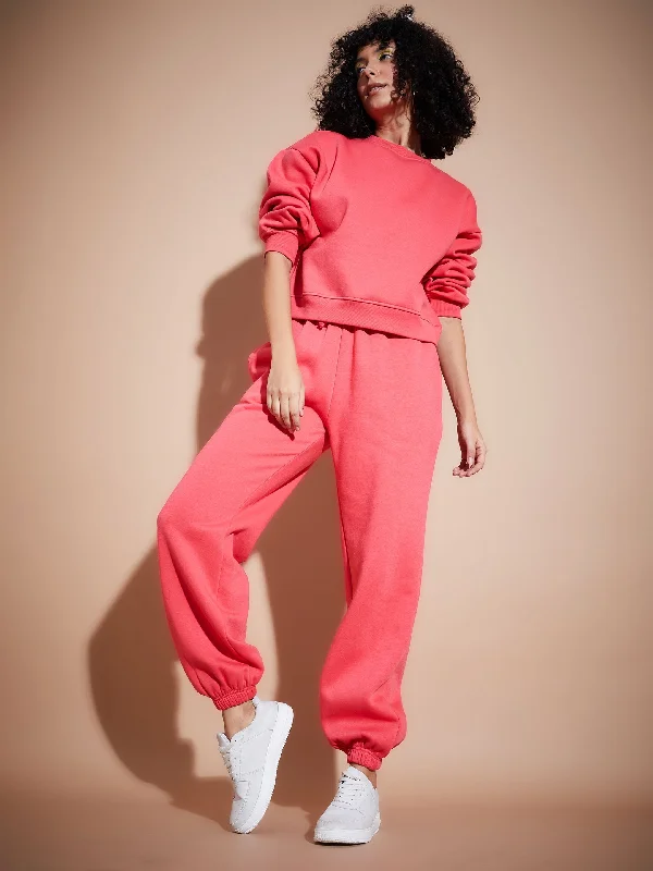 Women Pink Premium Fleece Oversized Sweatshirt With Joggers Hoodie with Ribbed Hem Stretchable Secure