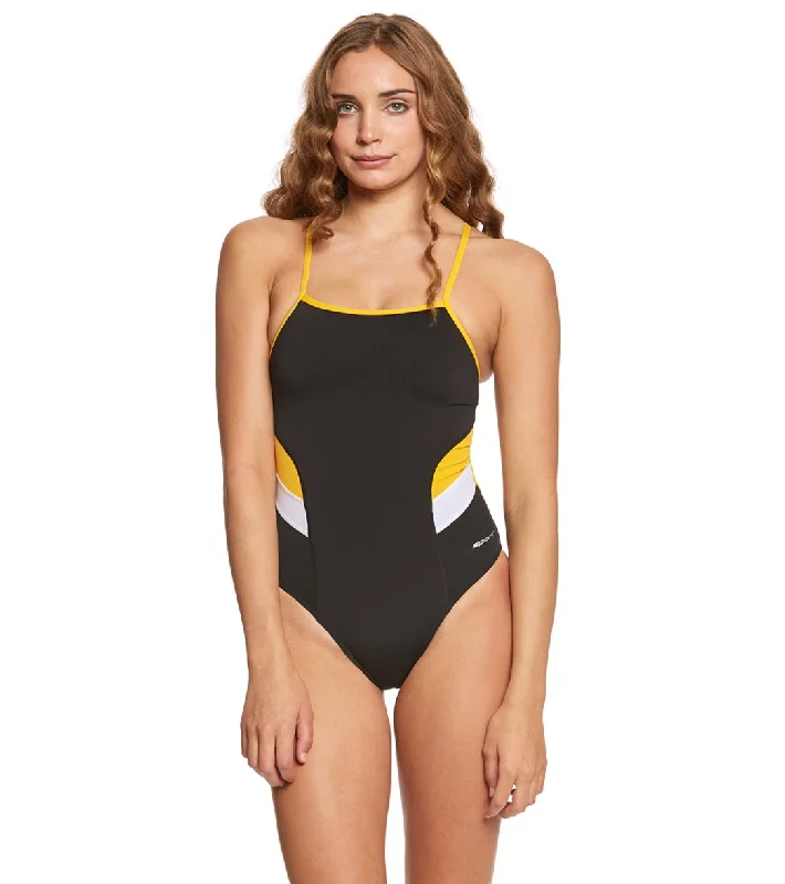 Sporti HydroLast Splice Thin Strap One Piece Swimsuit Black/Gold Sleek Racerback Swimsuit Sporti HydroLast Splice Thin Strap One Piece Swimsuit Black/Gold Sleek Racerback Swimsuit