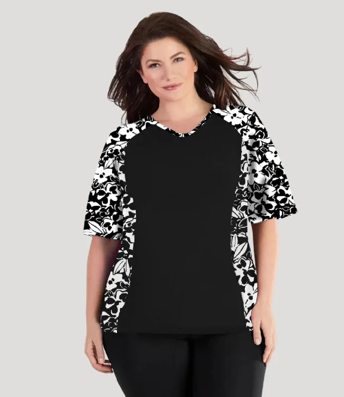 QuikEnergy Lite Swim and Beach Short Sleeve Top Hibiscus Black Sexy Swimwear Set
