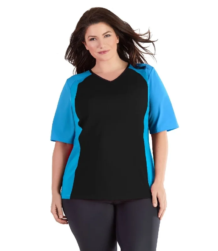 QuikEnergy Lite Swim and Beach Short Sleeve Top Black and Turq Shiny One-Piece Swimsuit