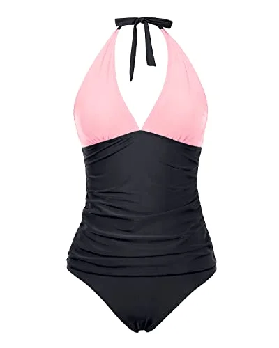 Women Adjustable Self Tie Shoulder Straps Two Piece Tankini Swimsuit-Pink And Black Beach Ready Swimsuit Women Adjustable Self Tie Shoulder Straps Two Piece Tankini Swimsuit-Pink And Black Beach Ready Swimsuit