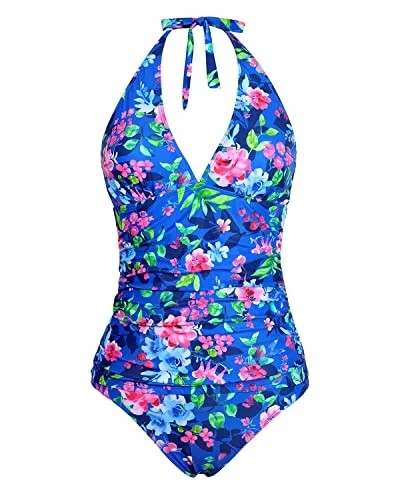 Two Piece Tankini Bathing Suits For Women With Plump Breasts-Royal Blue Flowers Retro-Inspired Bikini Set Two Piece Tankini Bathing Suits For Women With Plump Breasts-Royal Blue Flowers Retro-Inspired Bikini Set