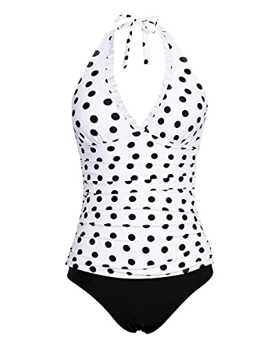 Open Back Tankini Top With Adjustable Strap V Neck Tankini Swimsuits-White Black Polka Dots Trendy Swimwear Set Open Back Tankini Top With Adjustable Strap V Neck Tankini Swimsuits-White Black Polka Dots Trendy Swimwear Set