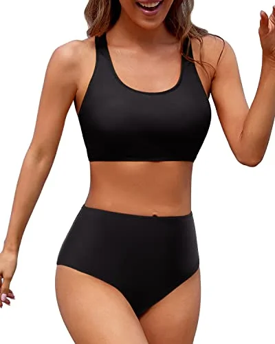 Women's Two Piece Bikini Sports Crop Top Swimsuit-Black Swimsuit with Skirt