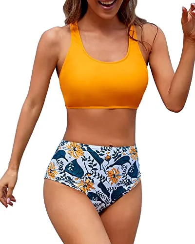 Athletic Women's Bikini Sports Crop Top Swimsuit For Teens-Yellow Floral Button-Front Swimsuit Athletic Women's Bikini Sports Crop Top Swimsuit For Teens-Yellow Floral Button-Front Swimsuit