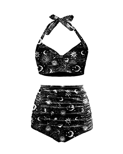 Retro 50S Pin Up Design Two Piece Bikini Swimsuit-Black Sun And Moon Plus-Size Bikini Set Retro 50S Pin Up Design Two Piece Bikini Swimsuit-Black Sun And Moon Plus-Size Bikini Set
