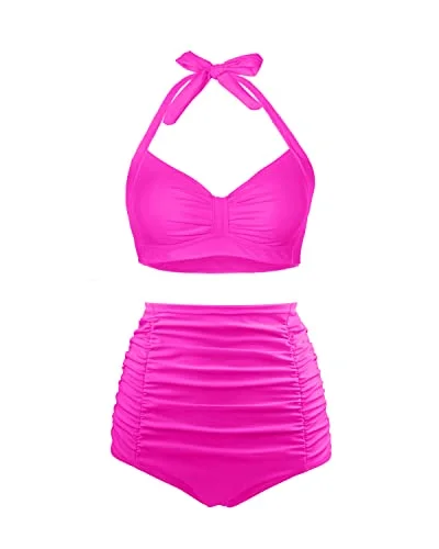 Vintage Women's High Waisted Bikini Set Two Piece Tummy Control Swimsuit-Neon Pink Adjustable Strap Swimsuit Vintage Women's High Waisted Bikini Set Two Piece Tummy Control Swimsuit-Neon Pink Adjustable Strap Swimsuit