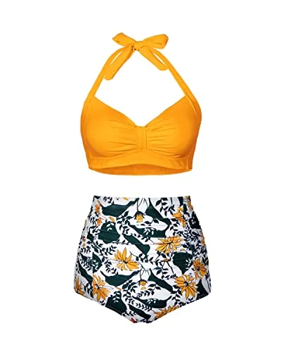 Ruched Twist 50S Style Retro Swimwear High Waisted Bikini Set For Women-Yellow Floral Sporty Swimwear Bottoms Ruched Twist 50S Style Retro Swimwear High Waisted Bikini Set For Women-Yellow Floral Sporty Swimwear Bottoms