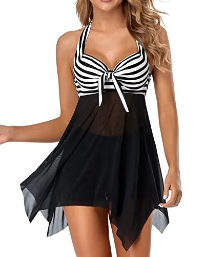 Underwire Push Up Swim Dress Halter Bathing Suit Dress With Boyshorts-Black And White Stripe Trendy Swimsuit Bottoms Underwire Push Up Swim Dress Halter Bathing Suit Dress With Boyshorts-Black And White Stripe Trendy Swimsuit Bottoms