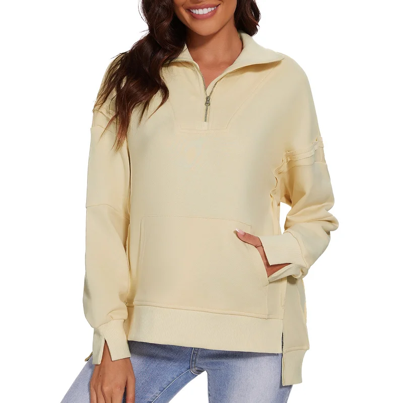 Womens Oversized Sweatshirt Quarter Zip Pullover Women Long Sleeve Sweatshirt Fall Outfits Pullovers Top with Pocket Hoodie with Embroidery Detailed Premium