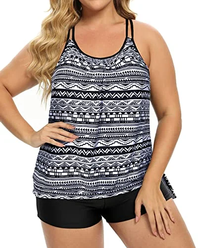 Plus Size Blouson Tankini Top With Boy Shorts For Women-Black Tribal Modern High-Waisted Swimsuit Plus Size Blouson Tankini Top With Boy Shorts For Women-Black Tribal Modern High-Waisted Swimsuit