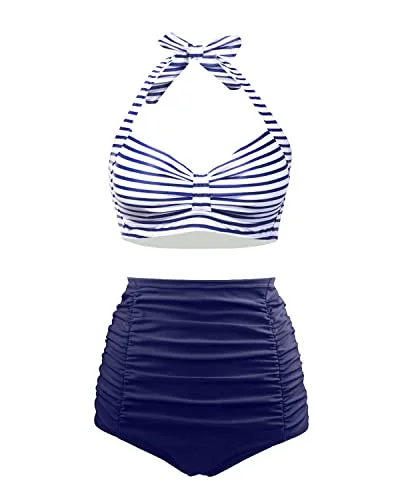 Women's Ruched High Waisted Bikini Set Vintage Halter 2 Piece Swimsuit Floral Swimwear Set Women's Ruched High Waisted Bikini Set Vintage Halter 2 Piece Swimsuit Floral Swimwear Set