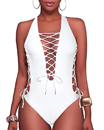 Plunge V Neck Lace Up One Piece Swimsuits-White Plunge Neckline Swimsuit