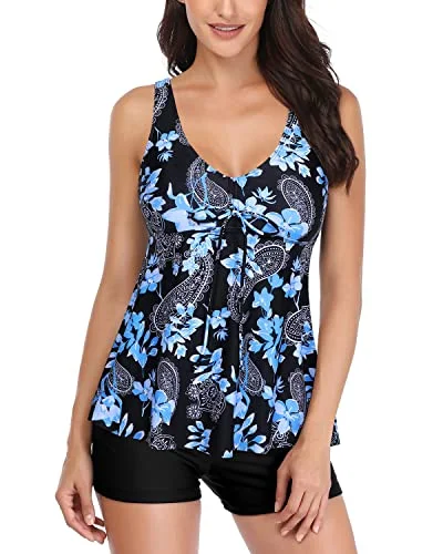 Girls Tankini With Shorts Two Piece Tummy Control Bathing Suits-Black Floral Sexy Monokini Swimsuit Girls Tankini With Shorts Two Piece Tummy Control Bathing Suits-Black Floral Sexy Monokini Swimsuit
