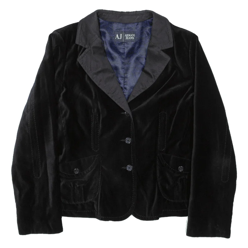 ARMANI Womens Blazer Jacket Black Velvet M Zippered Front Buttoned Front Snap Front