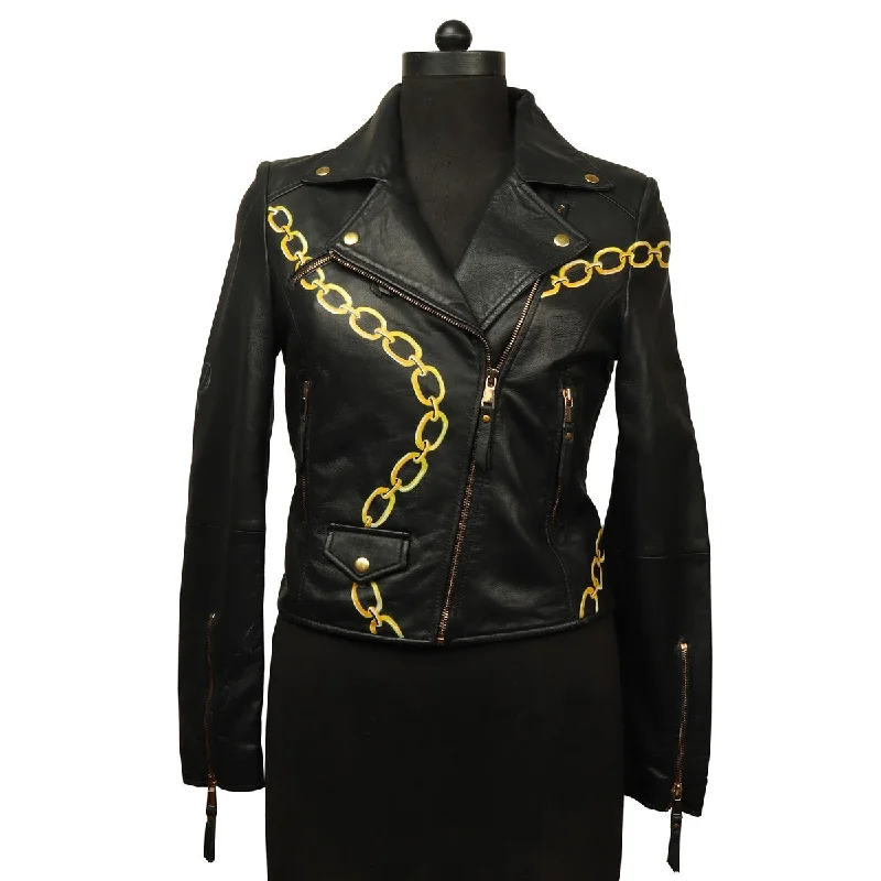 Hand painted biker styled leather Jacket in Genuine Black Leather for Girls By Brune & Bareskin Insulated Jacket Fitted Jacket Loose Jacket Hand painted biker styled leather Jacket in Genuine Black Leather for Girls By Brune & Bareskin Insulated Jacket Fitted Jacket Loose Jacket
