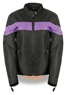LADIES BLK/PURPLE LIGHTWEIGHT TEXTILE W/REFLECTIVE PIPING JACKET ZIPOUTLINER Zippered Front Buttoned Front Snap Front LADIES BLK/PURPLE LIGHTWEIGHT TEXTILE W/REFLECTIVE PIPING JACKET ZIPOUTLINER Zippered Front Buttoned Front Snap Front