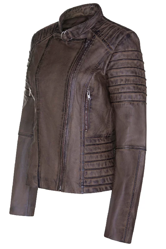Ladies Classic Biker Jacket Brown Worn Look Lambskin 9393 Cotton Fabric Linen Fabric Terry Fabric Ladies Classic Biker Jacket Brown Worn Look Lambskin 9393 Cotton Fabric Linen Fabric Terry Fabric