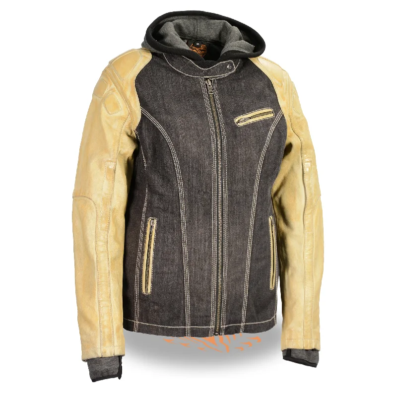 Women's Two Tone Denim & Leather Scuba Jacket w/ Full Hoodie Jacket Liner Cardigan Sweater Pullover Women's Two Tone Denim & Leather Scuba Jacket w/ Full Hoodie Jacket Liner Cardigan Sweater Pullover