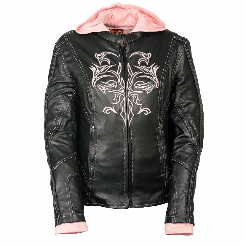 Milwaukee Leather ML2066 Women's 3/4 Black and Pink Leather Hoodie Jacket with Reflective Tribal Design Rayon Jacket Velvet Jacket Corduroy Jacket Milwaukee Leather ML2066 Women's 3/4 Black and Pink Leather Hoodie Jacket with Reflective Tribal Design Rayon Jacket Velvet Jacket Corduroy Jacket