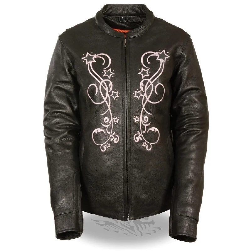 Milwaukee Leather ML2500 Women's Reflective Star Riveted Black/Pink Leather Jacket Print Jacket Jacquard Jacket Embroidered Jacket
