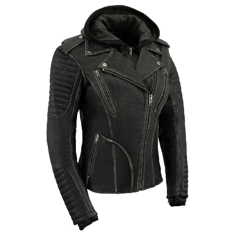 Milwaukee Leather MLL2516 Black Leather Rub-Off Leather Jacket with Hoodie for Women V-Neck Jacket Boat Neck Jacket Square Neck Jacket Milwaukee Leather MLL2516 Black Leather Rub-Off Leather Jacket with Hoodie for Women V-Neck Jacket Boat Neck Jacket Square Neck Jacket