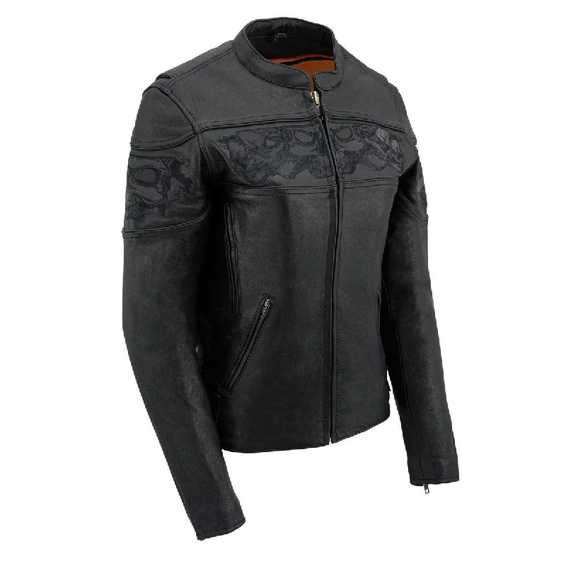 Milwaukee Leather MLL2540 Women's Crossover Black Leather Scooter Jacket Reflective Skull Graphic Satin Jacket Silk Jacket Chiffon Jacket Milwaukee Leather MLL2540 Women's Crossover Black Leather Scooter Jacket Reflective Skull Graphic Satin Jacket Silk Jacket Chiffon Jacket