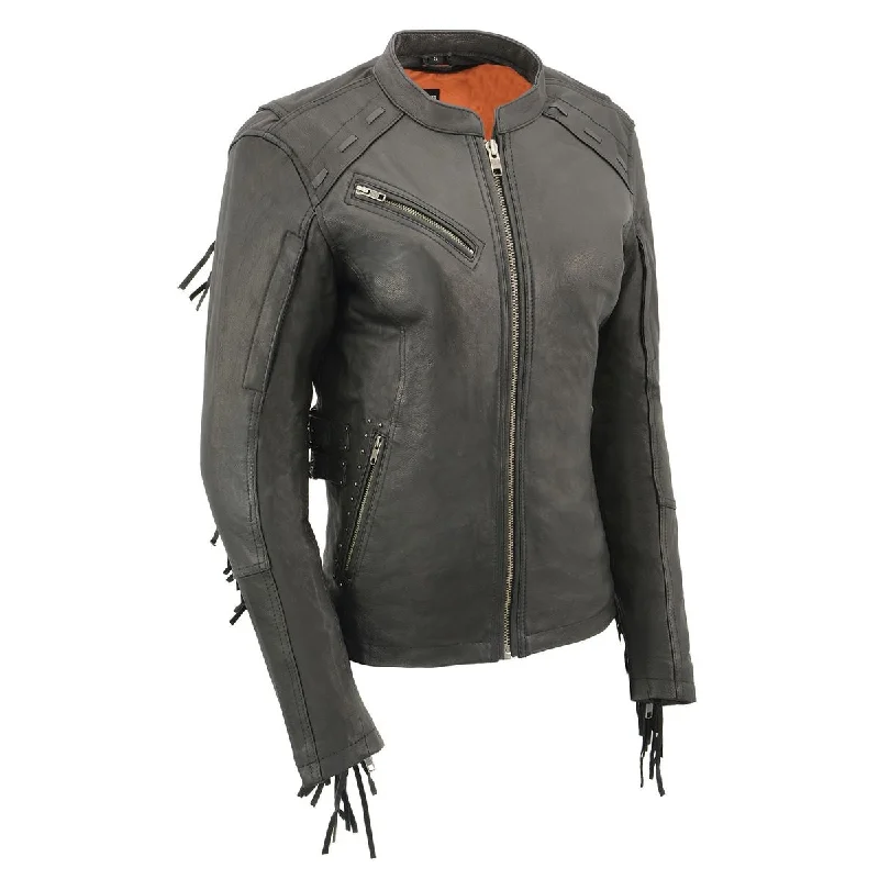 Milwaukee Leather MLL2565 Women's Black Fringed Lightweight Leather Racer Motorcycle Jacket Insulated Jacket Fitted Jacket Loose Jacket Milwaukee Leather MLL2565 Women's Black Fringed Lightweight Leather Racer Motorcycle Jacket Insulated Jacket Fitted Jacket Loose Jacket
