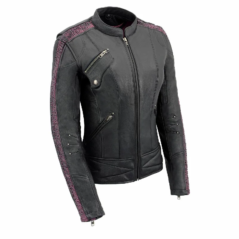 Milwaukee Leather MLL2570 Women's 'Phoenix Embroidered' Black and Purple Motorcycle Leather Jacket Striped Jacket Polka Dot Jacket Floral Jacket Milwaukee Leather MLL2570 Women's 'Phoenix Embroidered' Black and Purple Motorcycle Leather Jacket Striped Jacket Polka Dot Jacket Floral Jacket