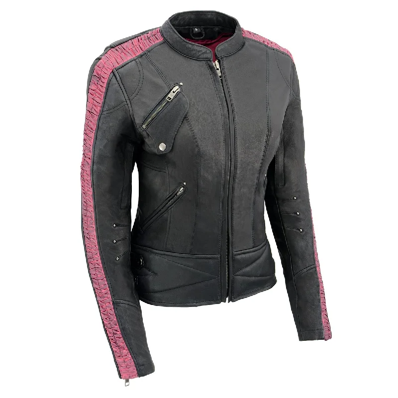 Milwaukee Leather MLL2571 Womens Black and Pink 'Crinkled Arm' Lightweight Racer Jacket Rayon Fabric Velvet Fabric Corduroy Fabric Milwaukee Leather MLL2571 Womens Black and Pink 'Crinkled Arm' Lightweight Racer Jacket Rayon Fabric Velvet Fabric Corduroy Fabric