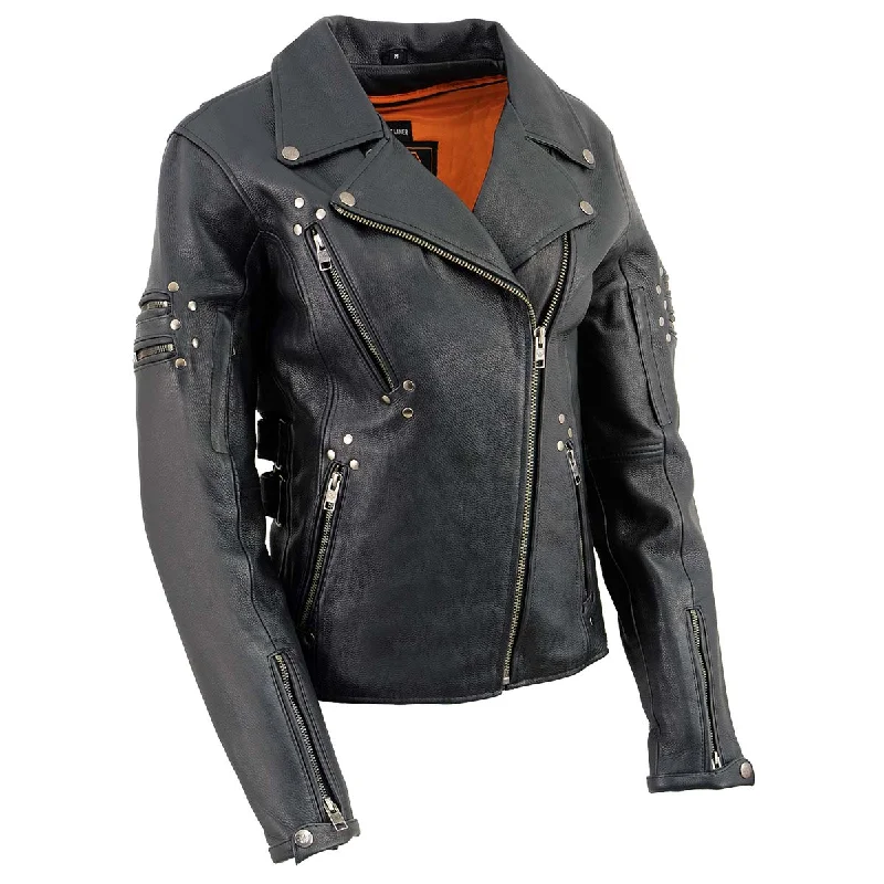 Milwaukee Leather MLL2585 Women's Black Motorcycle Premium Leather Jacket with Rivets Herringbone Jacket Houndstooth Jacket Plaid Jacket Milwaukee Leather MLL2585 Women's Black Motorcycle Premium Leather Jacket with Rivets Herringbone Jacket Houndstooth Jacket Plaid Jacket