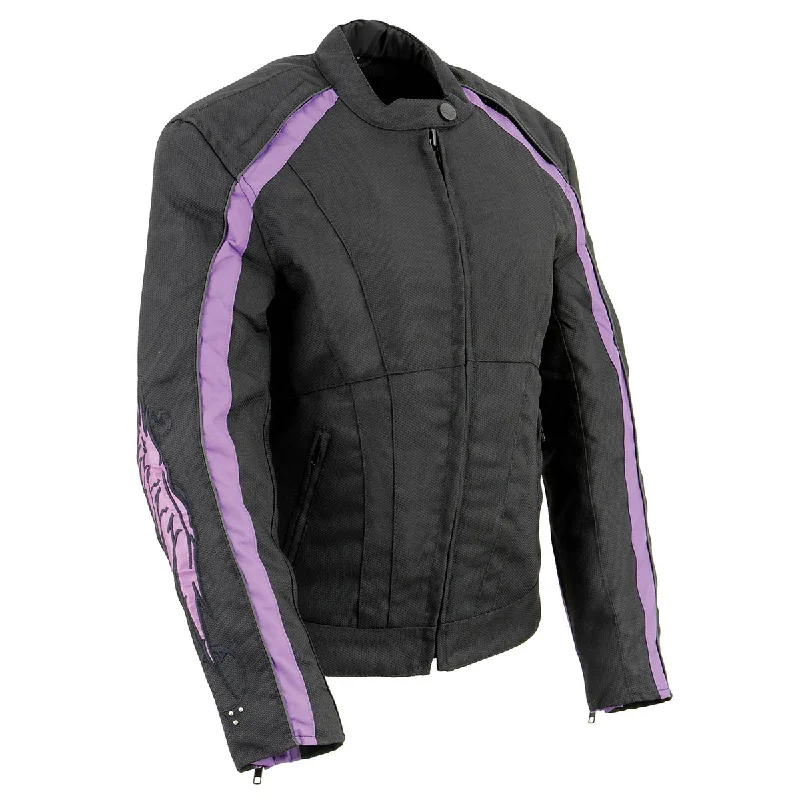 Milwaukee Leather MPL1954 Women's 'Studded Wings' Black and Purple Textile Moto Jacket Knit Fabric Woven Fabric Fleece Fabric Milwaukee Leather MPL1954 Women's 'Studded Wings' Black and Purple Textile Moto Jacket Knit Fabric Woven Fabric Fleece Fabric
