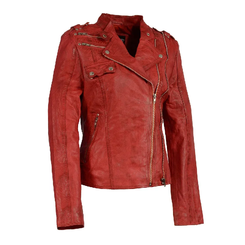 Milwaukee Leather SFL2845 Women's Distressed Red Leather Motorcycle Style Jacket with Asymmetrical Zipper Hooded Jacket Caped Jacket Shawl Collar Jacket Milwaukee Leather SFL2845 Women's Distressed Red Leather Motorcycle Style Jacket with Asymmetrical Zipper Hooded Jacket Caped Jacket Shawl Collar Jacket
