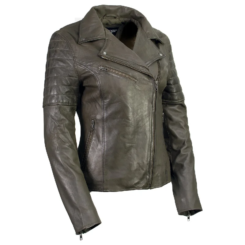 Milwaukee Leather SFL2870 Women's ‘Duchess’ Olive Motorcycle Style Fashion Casual Leather Jacket Collared Jacket Crew Neck Jacket Turtle Neck Jacket Milwaukee Leather SFL2870 Women's ‘Duchess’ Olive Motorcycle Style Fashion Casual Leather Jacket Collared Jacket Crew Neck Jacket Turtle Neck Jacket
