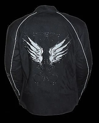 WOMEN'S MOTORCYCLE BLK TEXTILE JACKET W/ STUD & WINGS DETAILING W/2GUNPOCKETS One-Shoulder Jacket Off-the-Shoulder Jacket Asymmetrical Jacket WOMEN'S MOTORCYCLE BLK TEXTILE JACKET W/ STUD & WINGS DETAILING W/2GUNPOCKETS One-Shoulder Jacket Off-the-Shoulder Jacket Asymmetrical Jacket