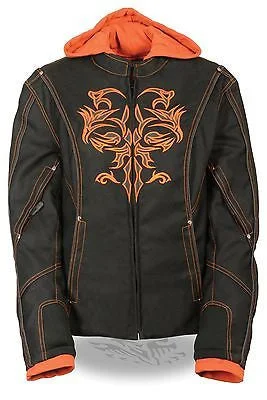 WOMEN'S MOTORCYCLE RIDING BLK/ORANGE TEXTILE JACKET W/REFLECTIVE TRIBAL DETAIL Zippered Jacket Buttoned Jacket Snapped Jacket
